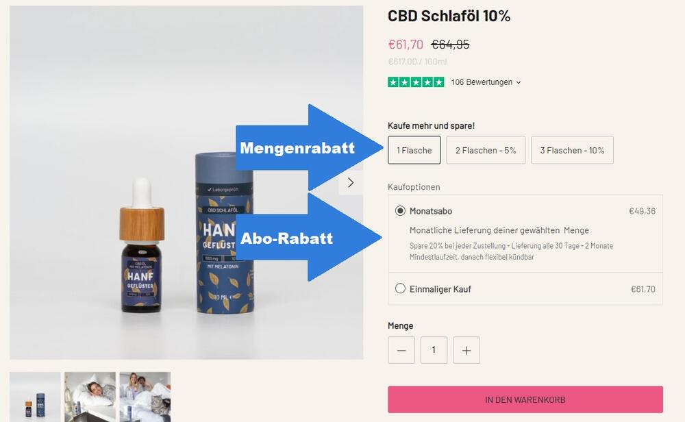 Screenshot vom Online-Shop: Das Hanfgeflüster Schlaföl mit Abo-Rabatt oder Mengenrabatt