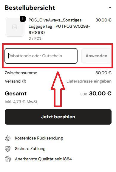 Screenshot vom Eingabefeld mit Hinweis darauf, wo du den Hanro Gutschein einlösen kannst