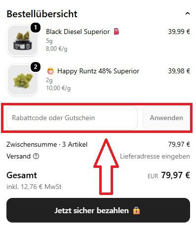 Screenshot vom Eingabefeld mit Hinweis darauf, wo du deinen Happy420 Rabattcode einlösen kannst
