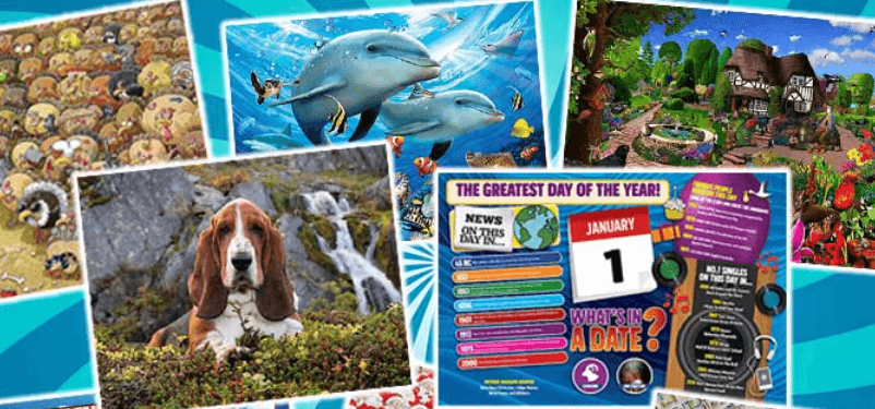 Happy Puzzle Company discount page banner featuring a selection of jigsaws including dogs and countryside scenes