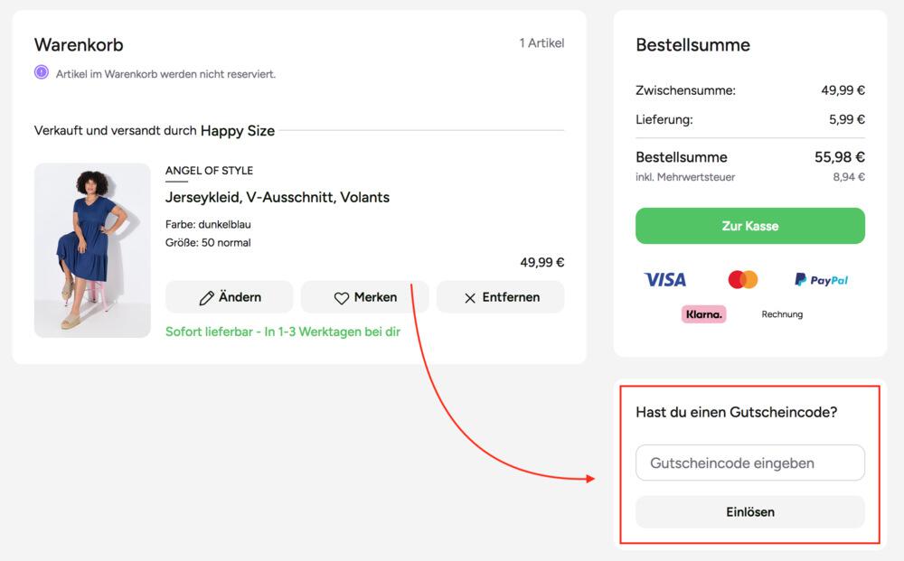 Warenkorb-Screenshot mit Eingabefeld für deinen Happy Size Gutschein