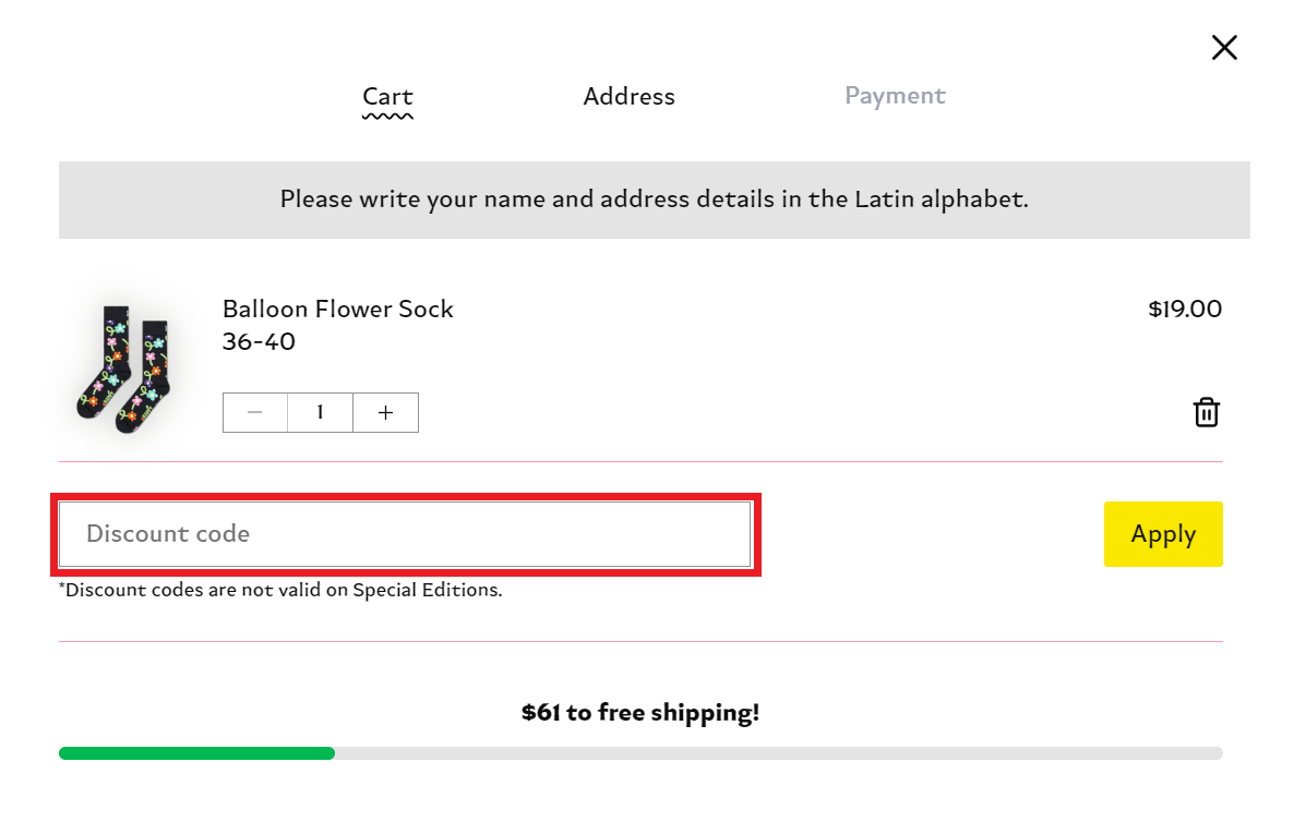 Happy Socks discount code redemption area during checkout