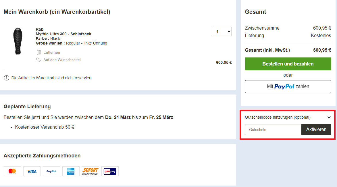 Screenshot vom Warenkorb mit Eingabefeld für einen Hardloop-Gutschein