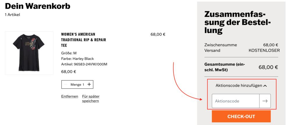 Warenkorb-Screenshot mit Eingabefeld für deinen Harley-Davidson Gutscheincode