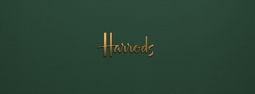Harrods logo set against a dark green background