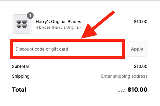 Harry&apos;s coupon code box on checkout page