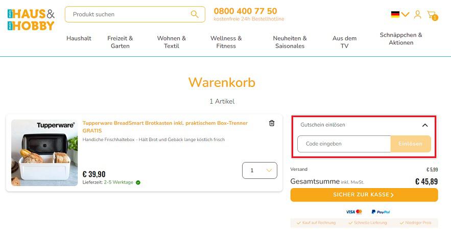 Screenshot aus dem Warenkorb mit Feld, wo du den Haus & Hobby Gutschein einlösen kannst
