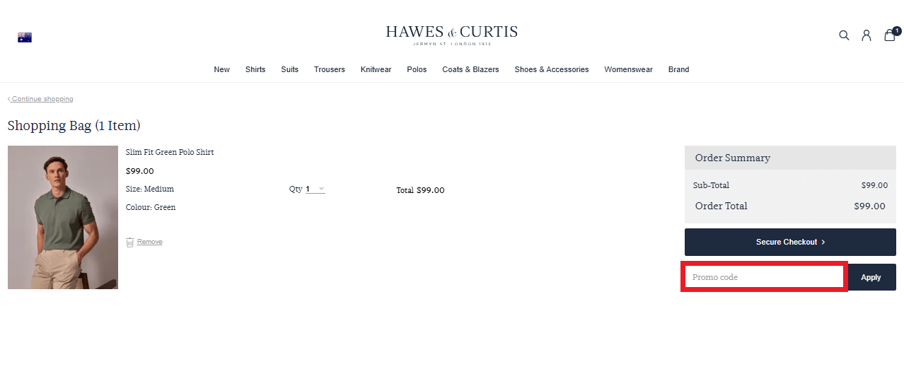 Hawes & Curtis discount code box in shopping basket