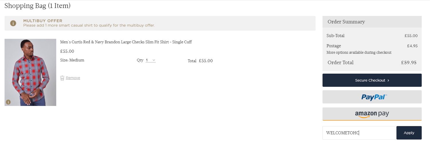 Hawes & Curtis discount code box on the checkout page