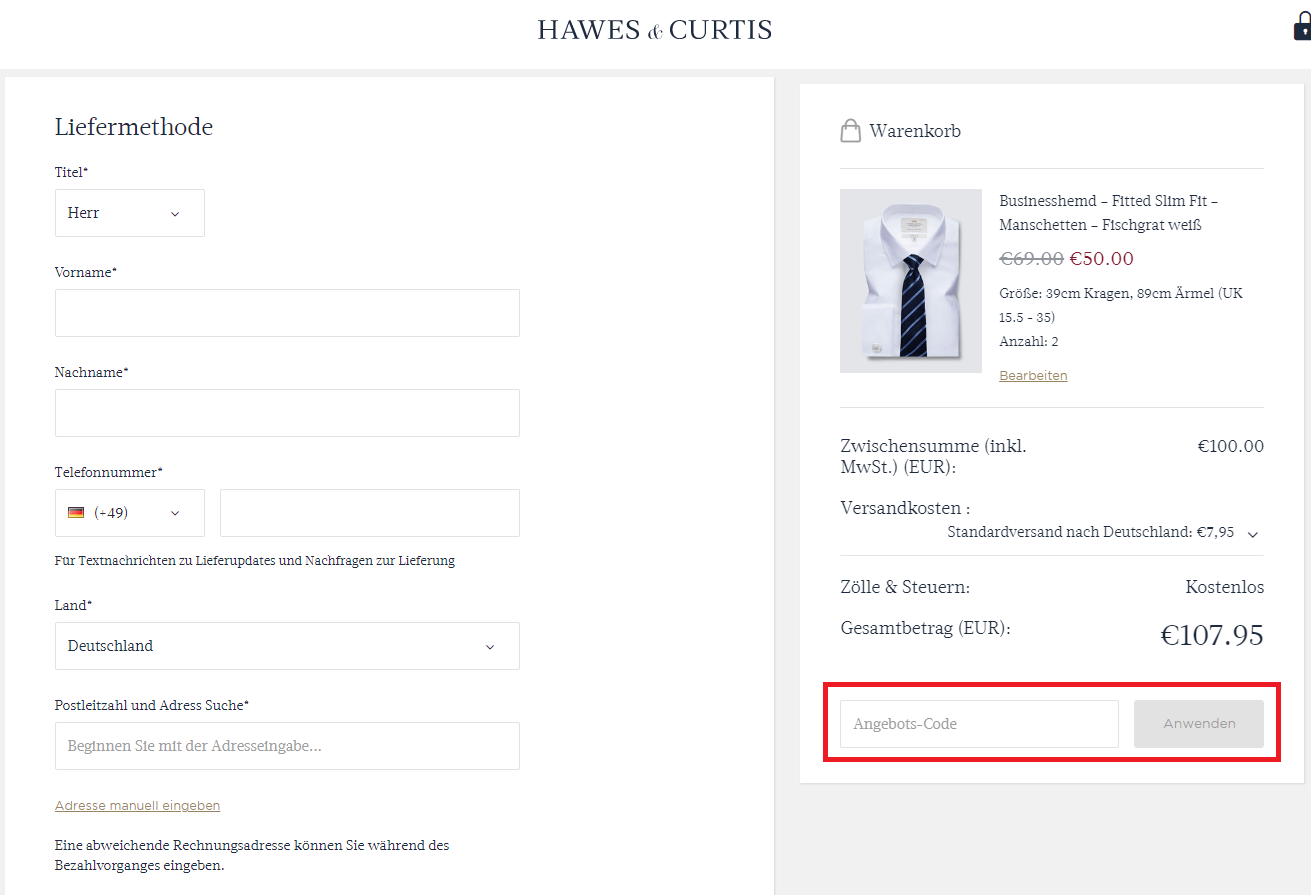 Einen Hawes & Curtis Gutschein im Warenkorb anwenden