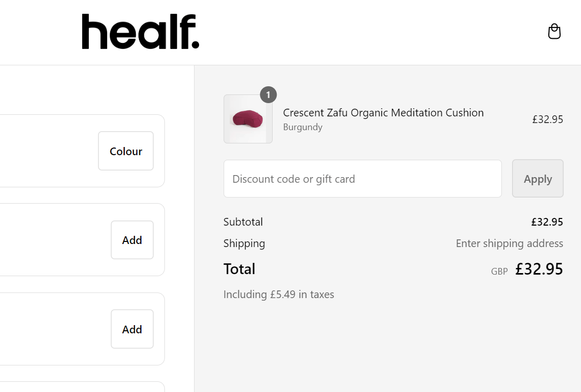 Healf discount code redemption box during checkout