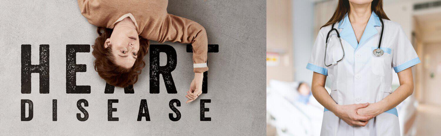 Heart Research UK banner showing a promotion image of the charity's HER Disease campaign alongside an nurse with a stethoscope