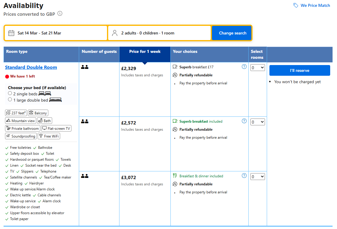 Screenshot of Heliopic Hotel & Spa listing showing photos and a sample nightly price on a booking page