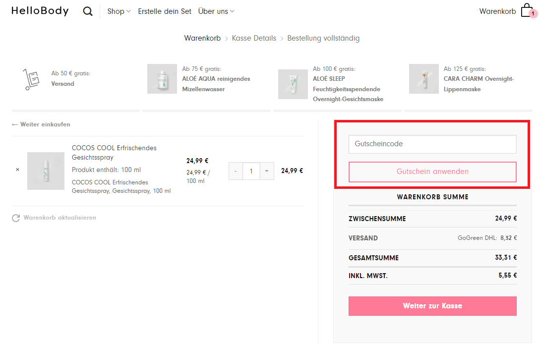 Im Warenkorb kannst du einen Hello Body Code einloesen