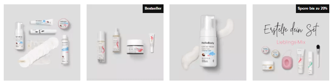 Hello Body Hautpflegeprodukte und Rabattangebot für das Erstellen eines Sets