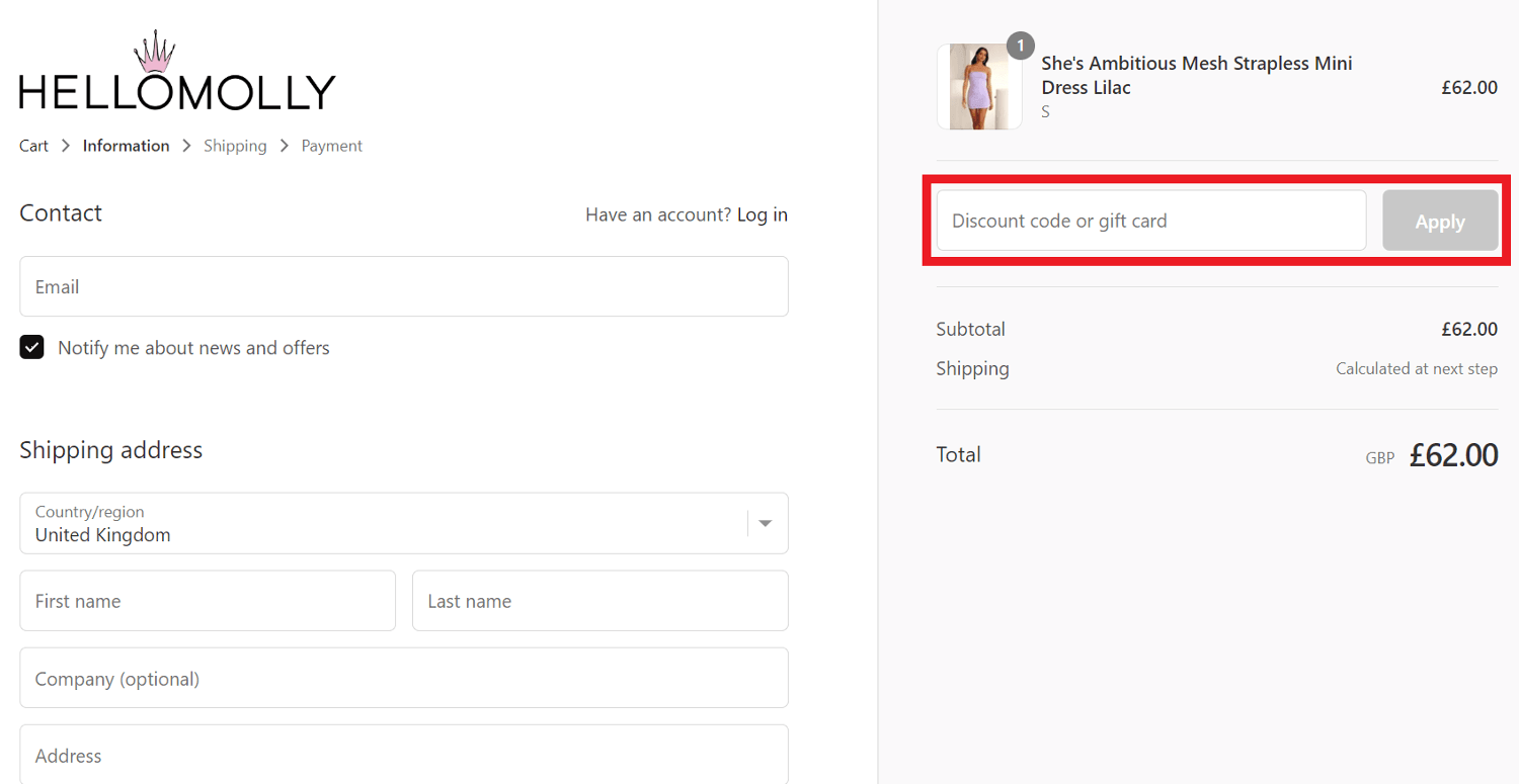 Hello Molly discount code box in shopping cart image