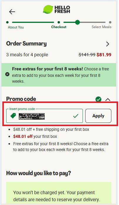 HelloFresh promo code box at order summary screen