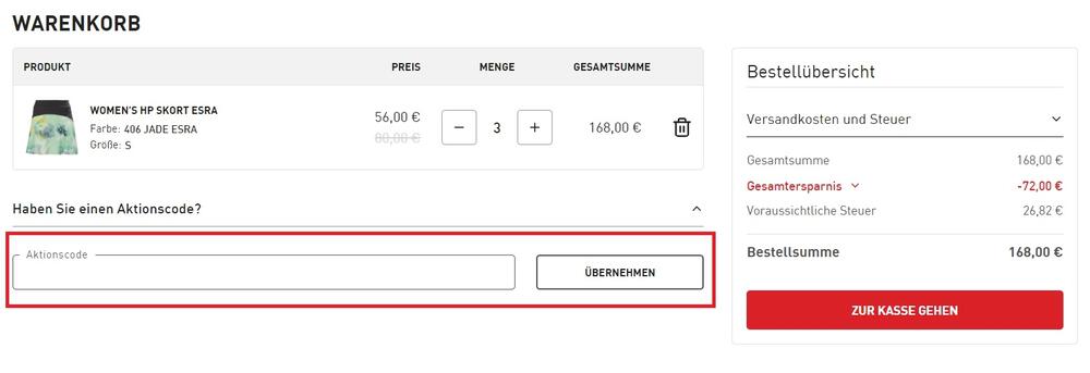 Eingabefeld für Helly Hansen Rabattcode im Warenkorb