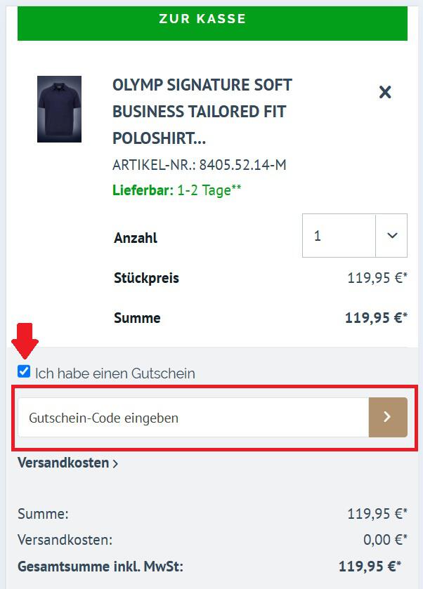 Warenkorb-Screenshot mit Eingabefeld für Hemden.de Gutschein