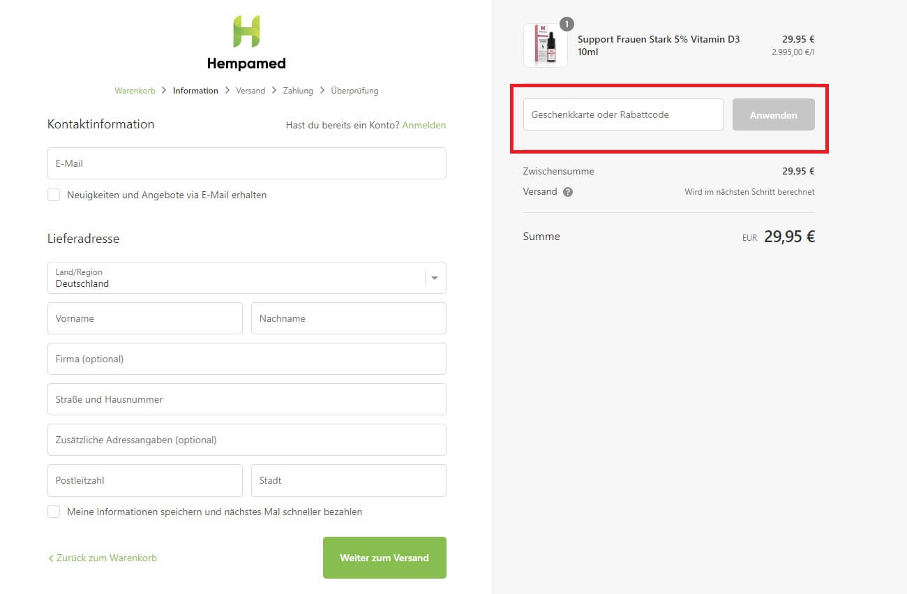 Eingabefeld für einen Hempamed Gutschein im Online Shop