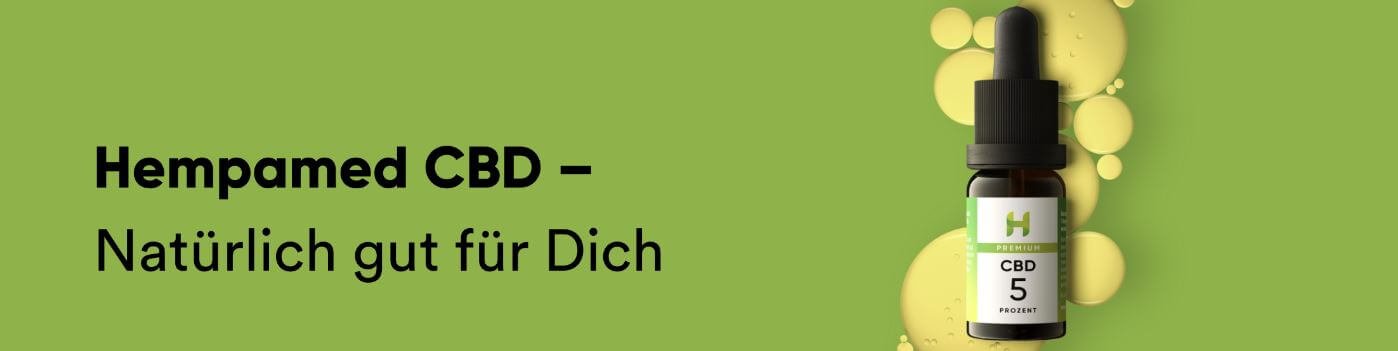 Banner für die Hempamed Gutscheinseite mit Foto von 5 % CBD Öl und Slogan „Hempamed CBD – Natürlich gut für Dich“