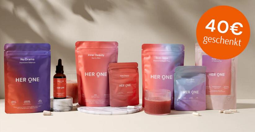 Auswahl an HER ONE Produkten mit Hinweis auf 40 € geschenkt für HER ONE Freundschaftswerbung