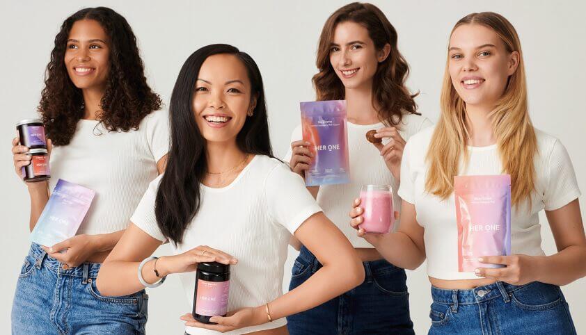 Banner für die HER ONE Gutscheinseite: vier Frauen in weißen T-Shirts präsentieren die unterschiedlichen Produkte der Marke