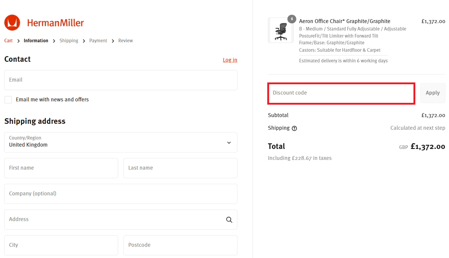 Herman Miller discount code redemption box image