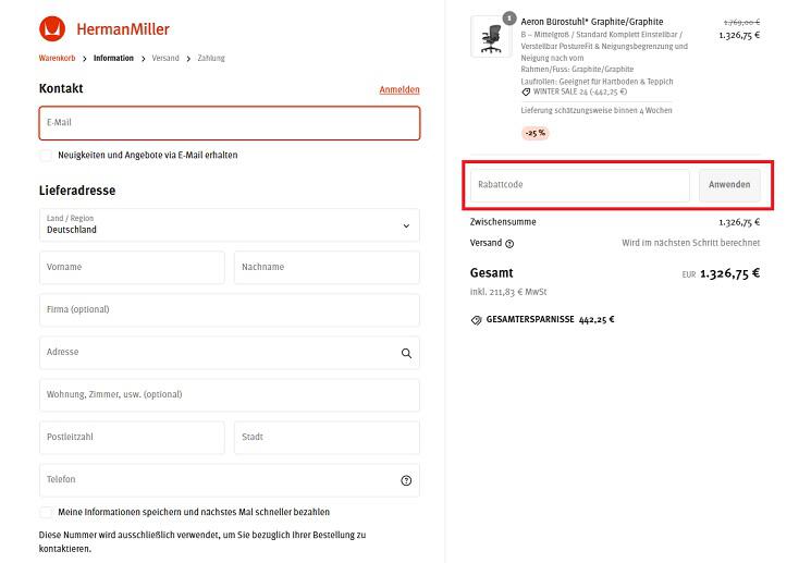 img: herman-miller-rabattcode-anwenden / alt: Screenshot aus dem Warenkorb mit Hinweis darauf, wo du den Herman Miller Rabattcode anwenden kannst.