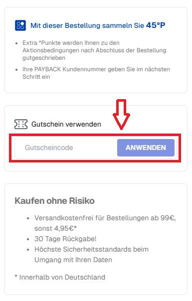Screenshot von der Bestellübersicht, um einen Herrenausstatter Gutschein einzulösen