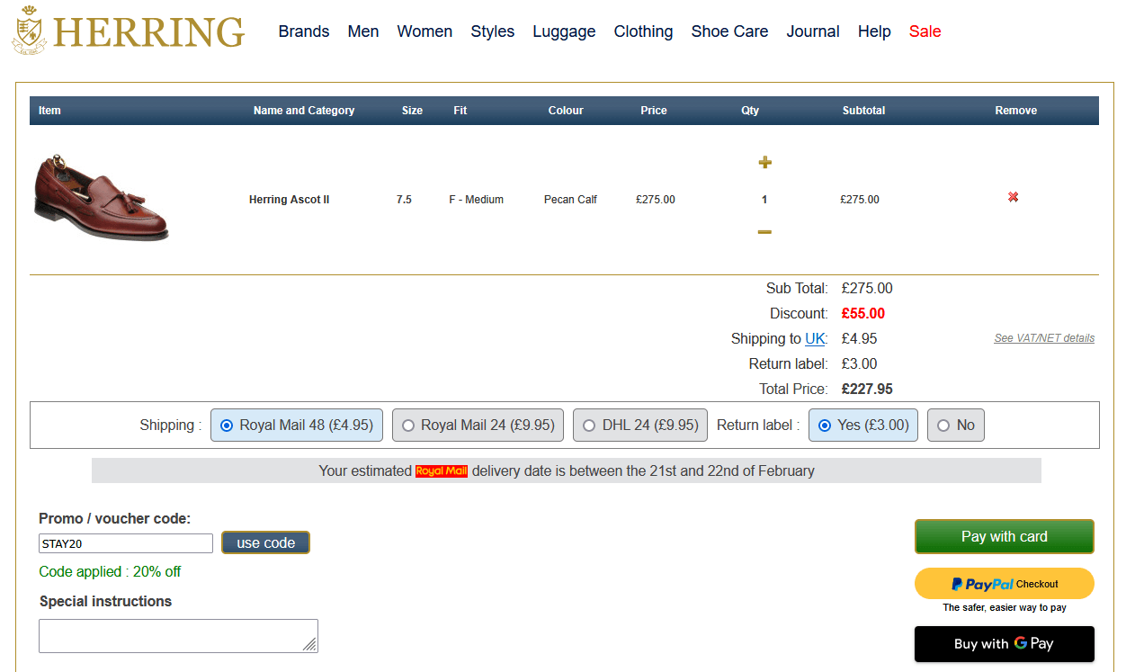 Screenshot of the Herring Shoes discount code box at checkout on the Herring Shoes website
