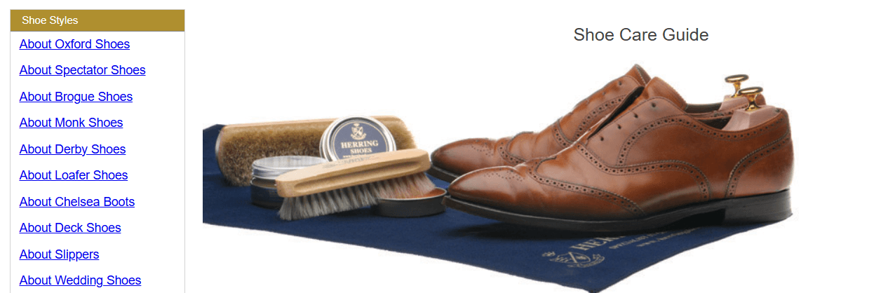 The Herring shoe guide on the brand website including the shoe care guide and shoe style guides