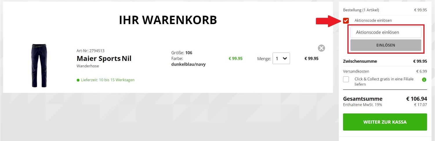 Screenshot des Eingabefeldes für einen Hervis Gutschein im Warenkorb