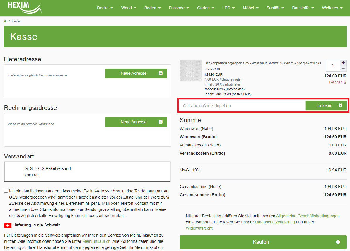Screenshot vom Feld, in dem du einen HEXIM-Gutschein eingeben kannst