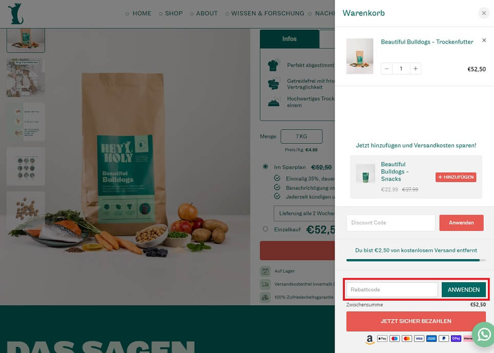 Screenshot aus dem Warenkorb mit Eingabefeld zum Anwenden vom HEY HOLY Gutschein