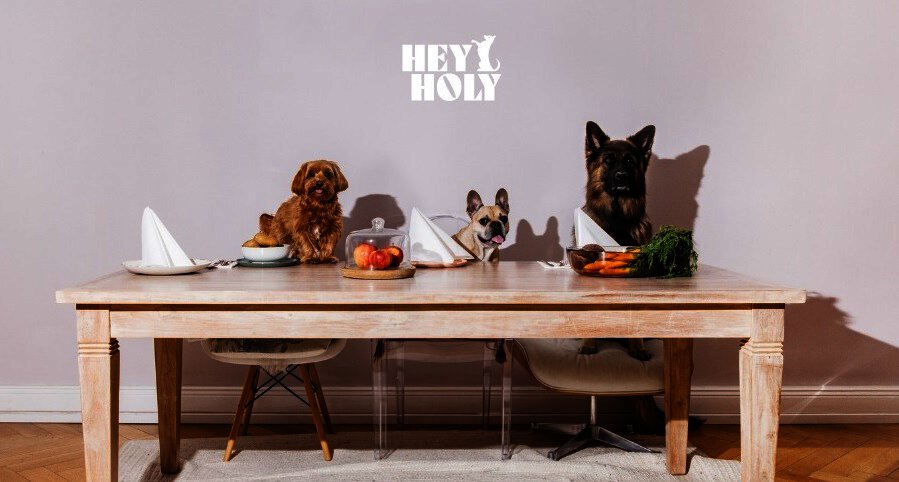 Banner für die HEY HOLY Gutscheinseite: drei Hunde an einem gedeckten Tisch