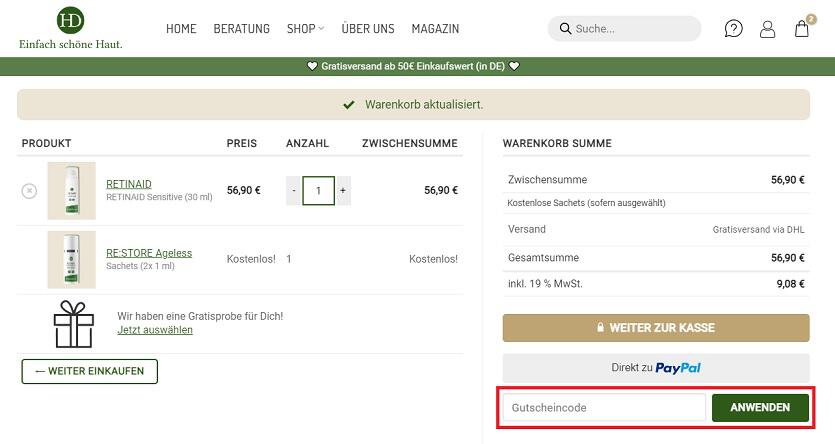 Warenkorb-Screenshot mit Feld zum HighDroxy Gutschein anwenden