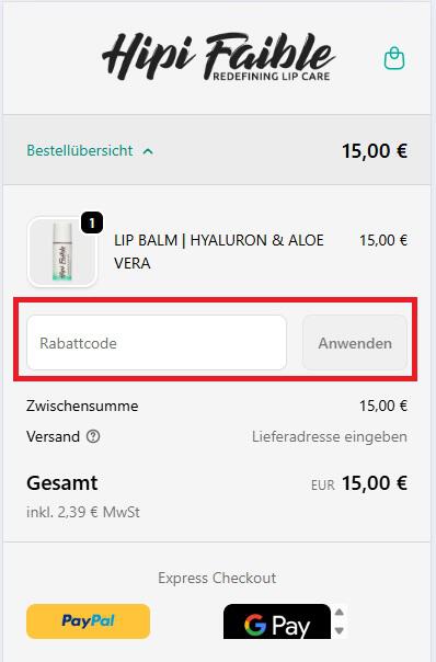 Screenshot vom Eingabefeld für den Hipi Faible Rabattcode