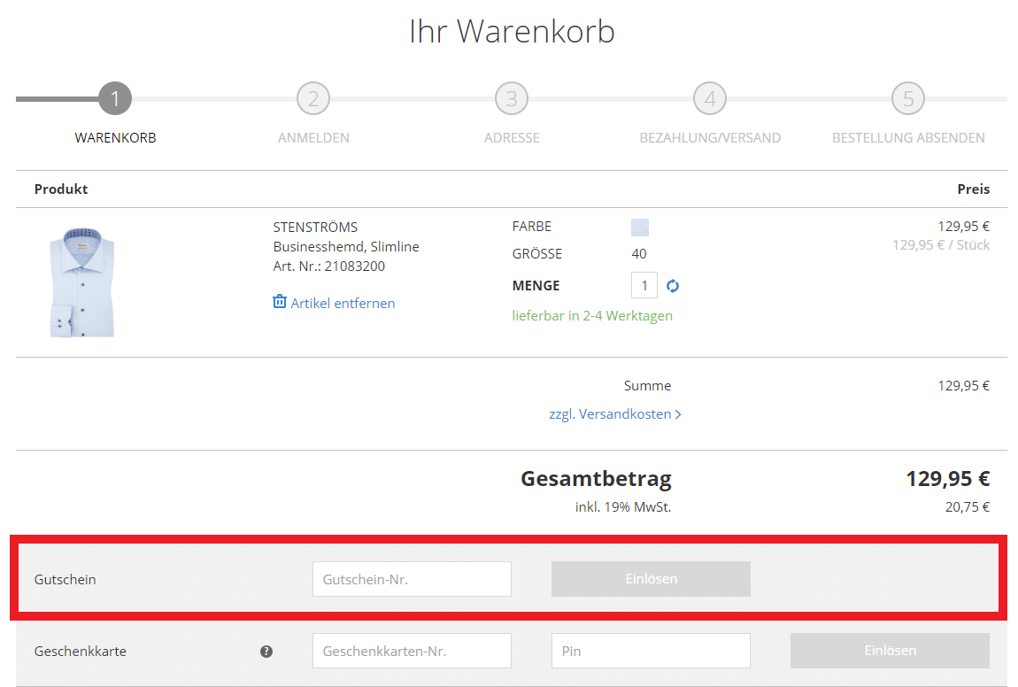 Warenkorbansicht des Online-Shops mit Eingabefeld für Hirmer-Gutscheine
