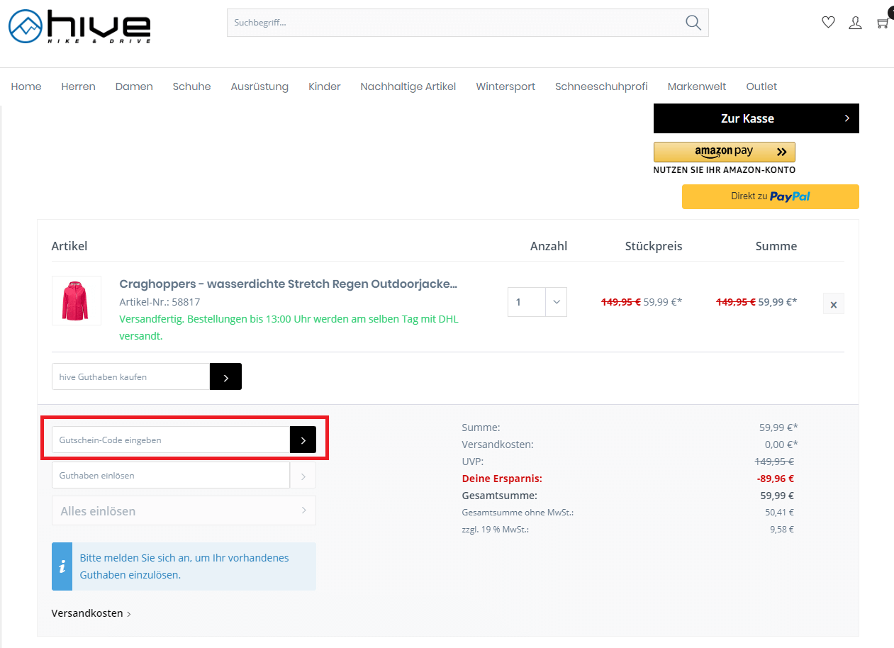 Screenshot vom Warenkorb mit Eingabefeld zum Hive-Gutscheincode einlösen