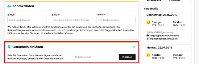 Buchungsansicht mit Eingabefeld für einen HLX Gutschein