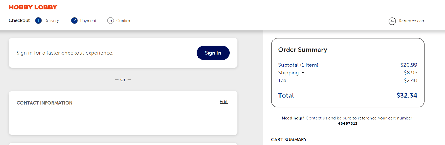 Hobby Lobby Payment Page
