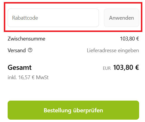 Warenkorb-Screenshot mit Eingabefeld für deinen Höfer Chemie Gutschein