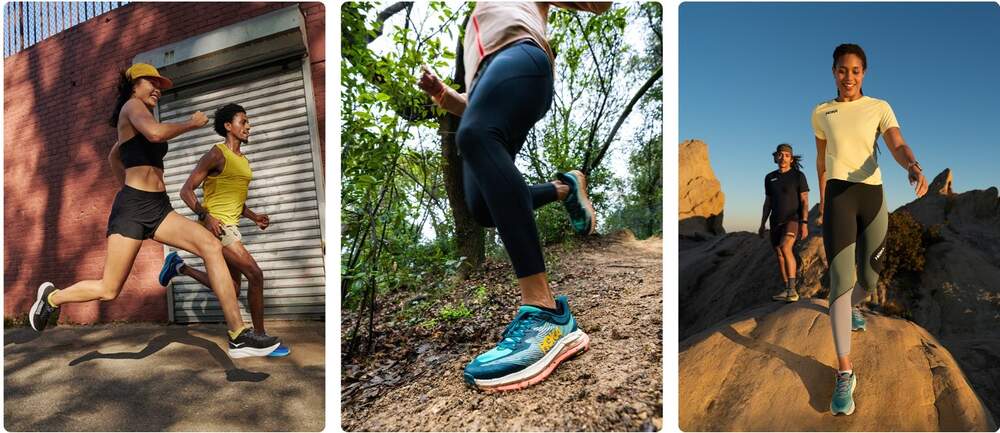 Kategoriebilder für Hoka Straßenlaufschuhe, Geländelaufschuhe und Schuhe zum Wandern und Walken