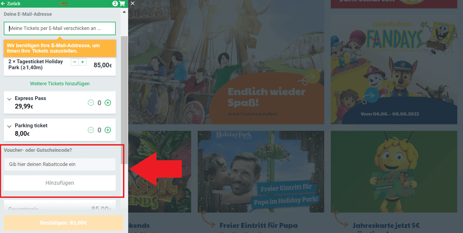 Eingabefeld für einen Holiday Park Gutschein