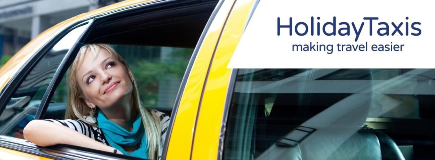 Holiday Taxis how to save money guide showing a woman sitting in the back of a yellow taxi
