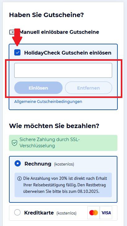 Eingabefeld für den HolidayCheck Gutschein auf der Buchungsseite