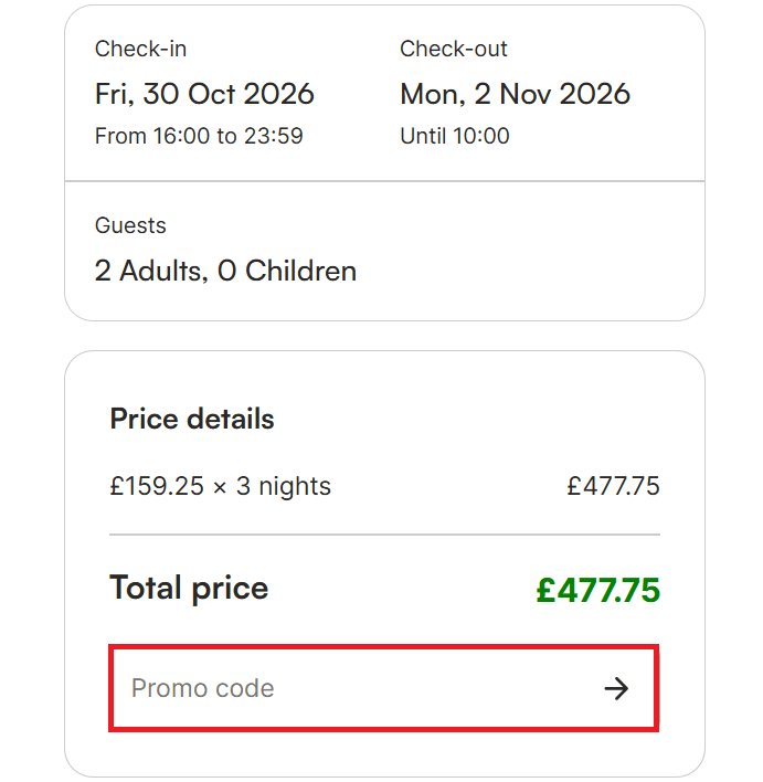 Holidu discount code box during booking process