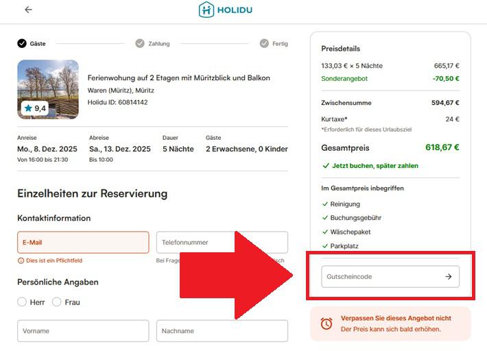 Eingabefeld für einen Holidu Gutscheincode auf der Buchungsseite