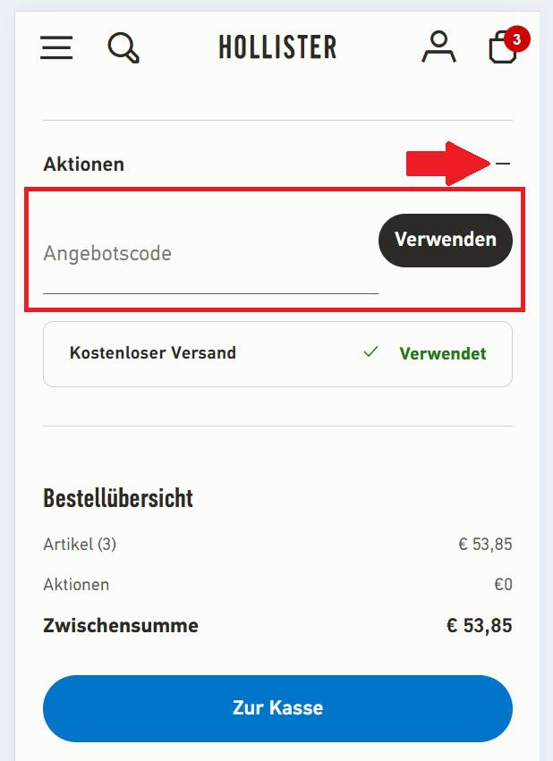Eingabefeld für Hollister Rabattcode im Warenkorb